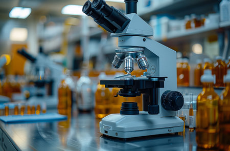 a microscope is sitting on a table in a laboratoryの素材