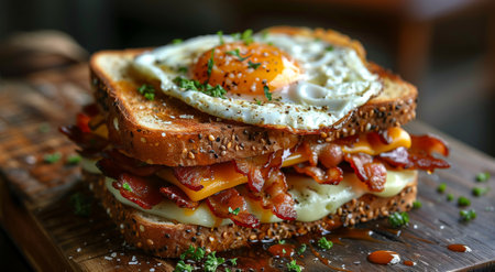 Sandwich with eggs, bacon, cheese and toast on a rustic wooden cutting boardの素材