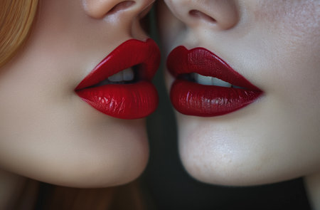 Closeup shot of two womens lips showcasing red lipstickの素材