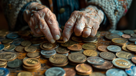 Elderly woman counting currency coins at wooden tableの素材