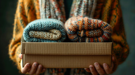 Person holding a cardboard box with woolen blanketsの素材