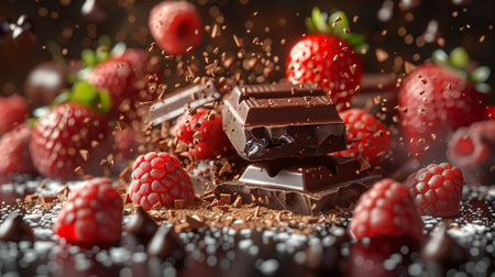 A bar of chocolate with raspberries, strawberries, and boysenberries on a tableの素材