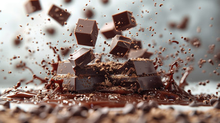 Close up of chocolate bar covered in splashed chocolateの素材