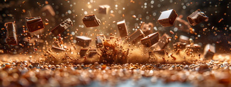 Chocolate pieces floating in the air against dark backgroundの素材