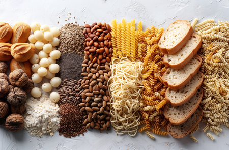 Various food items, including corn, produce, and staple foods, are on the tableの素材