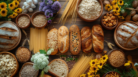 Various bread and pasta types displayed on the tableの素材