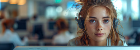 A happy woman with headphones is smiling while looking at a computer screenの素材