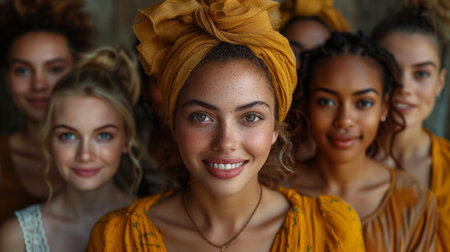 A group of women posing, one with a turban, all smiling and having fun togetherの素材