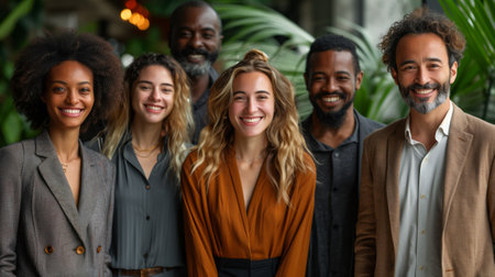 A happy group in formal wear and hats posing for a fun event pictureの素材