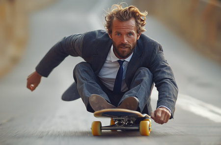 Skateboarder in suit and tie gracefully rides skateboard down roadの素材
