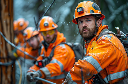 Bluecollar workers in orange jackets and hard hats are working on a treeの素材