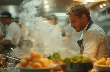 A chef is preparing a dish in the kitchen with smoke rising from the foodの素材