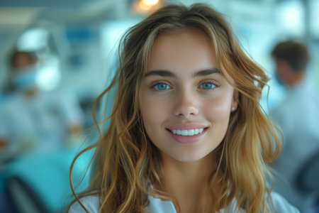 Closeup of a happy blond woman with electric blue eyes smiling at the cameraの素材