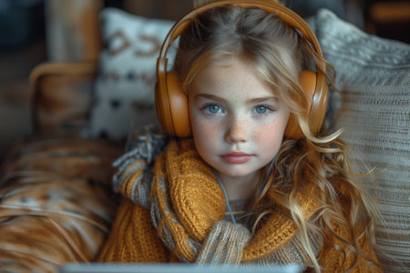Happy little girl with headset stereos using laptopの素材