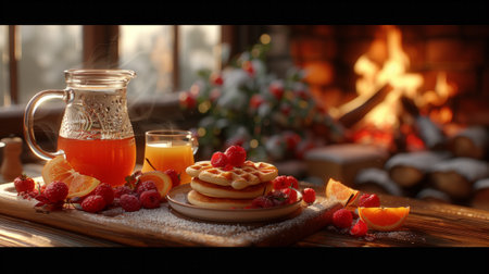 Pancakes on the table with a fireplace as the backdropの素材