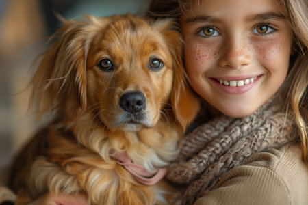 A little girl with a big smile holds a furry dog in her armsの素材