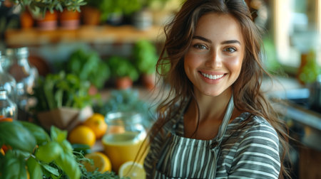 A woman smiles at a counter of natural foods like fruits and vegetablesの素材