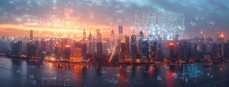 Night city skyline with blurry buildings and water in foreground