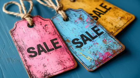 Three vibrant sale tags displayed on an electric blue wooden tableの素材