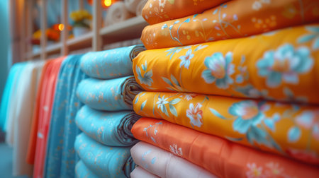 Various textile fabrics in orange and electric blue stacked together, closeup