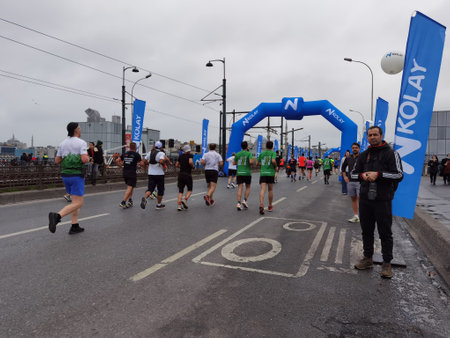 istanbul marathon 07.11.2021 athletes on galata bridgeの写真素材
