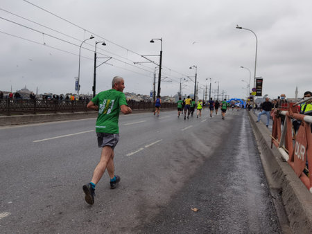 istanbul marathon 07.11.2021 athletes on galata bridgeのeditorial素材