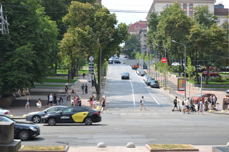 Government district in Kyiv Palace with a front garden with a large courtyard in Ukraine on...