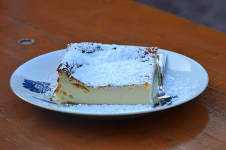 Cheesecake with powdered sugar and fork on a white plateの写真素材
