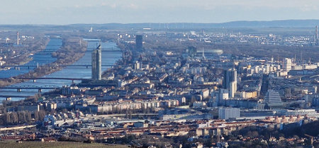 View of the city of Vienna from the Kahlenberg on a sunny dayの写真素材
