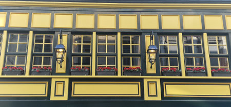 House facade with elongated windows rectangular with square panes in an old half-timbered house with...
