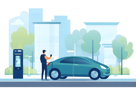 person using a mobile app to charge his  EV car at an electric charging point. city buildings and trees in the background, copy-spaceの素材