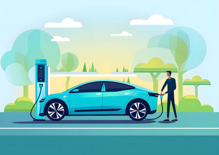 person at a  charging station with his EVs; Electric cars, harnessing clean energy to power their vehicle ,green tones. with a city background, flat 2D illustration, copy space top and base of the imageの素材