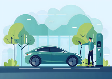 Man dressed in casual clothing charging his electric car and charging point. blue and green colors   trees in the background, room for text over lay and copy-spaceの素材