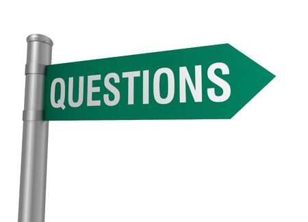 questions road sign 3d concept illustration on sky backgroundの写真素材