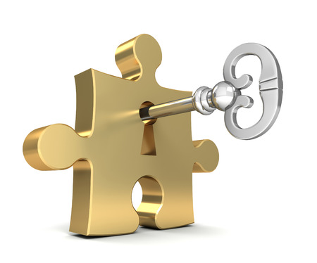 puzzle and key 3d 3d illustration isolated on white backgroundの写真素材