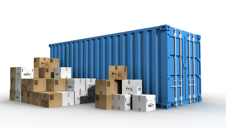 blue cargo container and cardboard boxes isolated