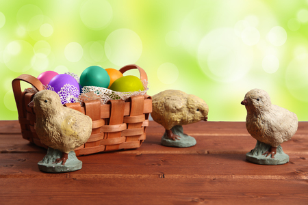 Easter Chickens on wood backgroundの写真素材