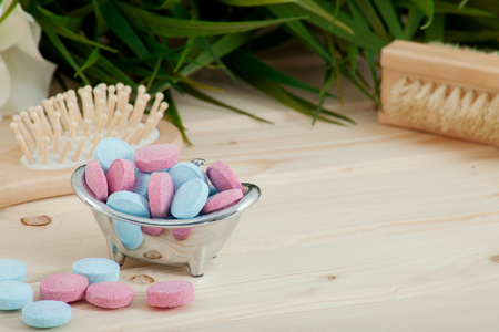 Bath Time color tablets for kids on wood backgroundの写真素材