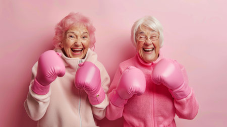 Happy senior women with boxing gloves on a pink background. The concept of a healthy lifestyle.の素材