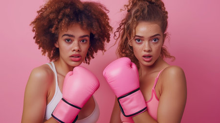 beautiful african american girls in boxing gloves looking at camera isolated on pinkの素材