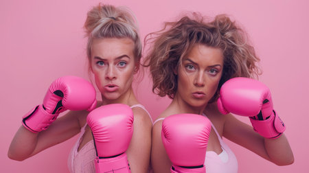 Two young women in pink boxing gloves fighting isolated on pink background.の素材