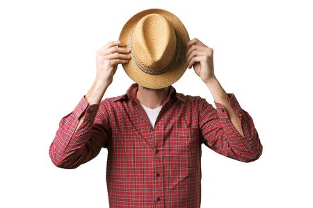 on a gray background man with a beard in the red shirt showed his index finger upの写真素材