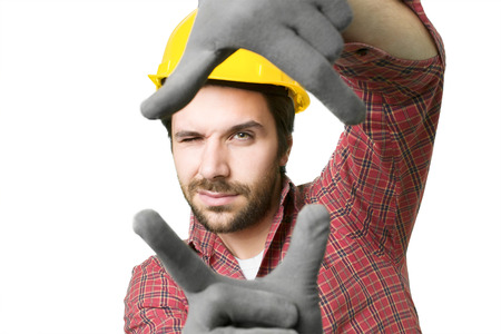 beautiful bearded man worker. on backgroundの写真素材