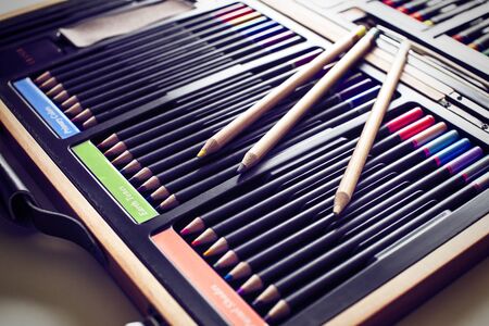 drawing pastel case with many colors.の写真素材