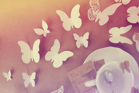 beautiful pieces of handmade butterfly with effect colors on paper background - concept design of paper use state of the art.の写真素材