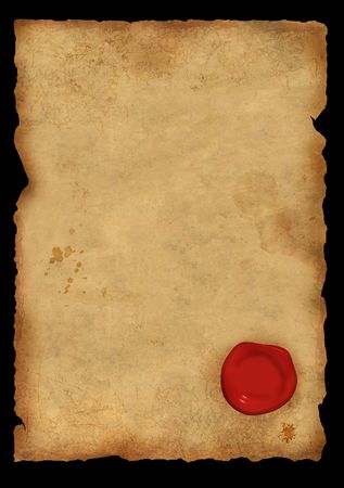 Dirty sheet of parchment with a sealing wax sealの写真素材