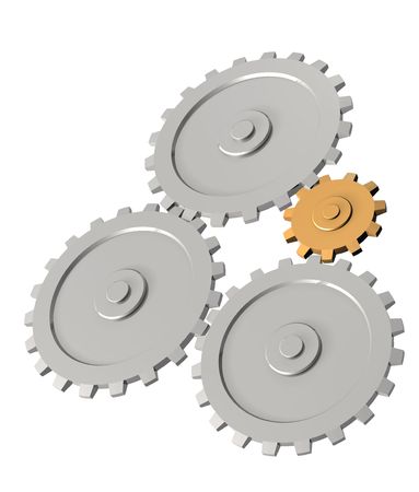 The 3d gold gear, rotating three steel gears. Objects over whiteの写真素材