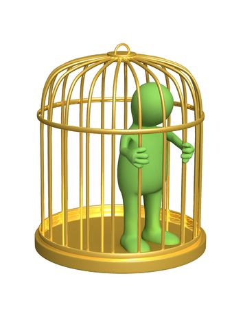 The 3d person - puppet, worth in a gold cage. Objects over whiteの写真素材