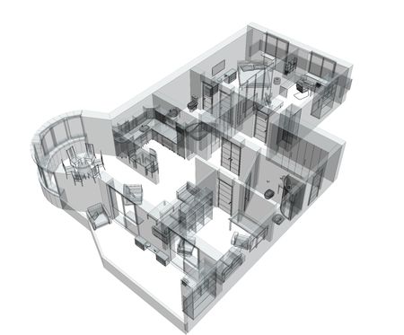 3d sketch of a four-room apartment. Object over white