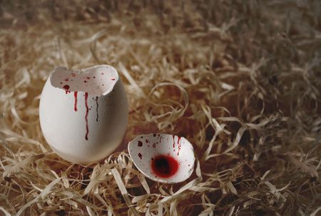 Dark series. Empty egg shell soiled with bloodの写真素材